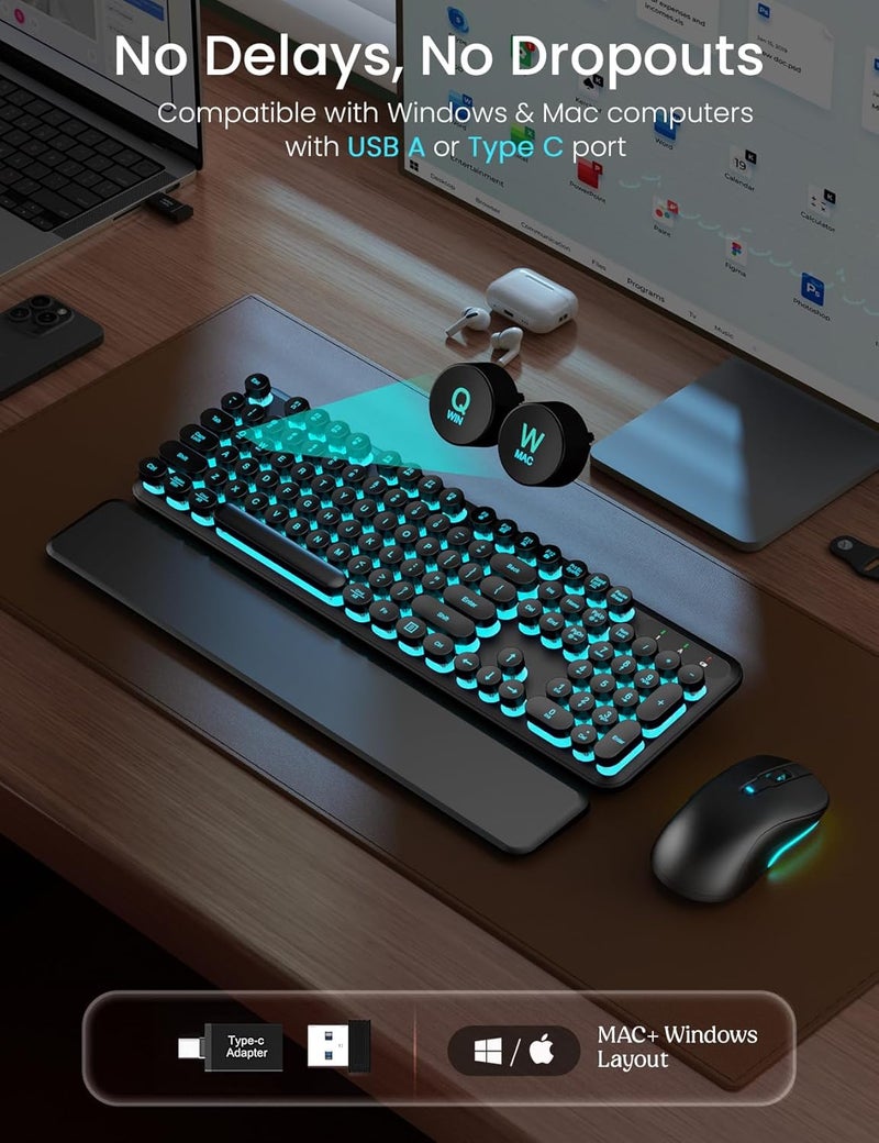 Trueque Wireless Keyboard and Mouse Backlit - Typewriter Keyboard with Magnetic Wrist Rest, Retro Round Keycaps, Light Up Letters, 2.4GHz Cordless Combo for Mac, Windows, PC, Laptop, [Upgraded] - Image 3